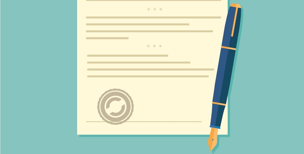 Legal Document with Fountain Pen on Blue Background