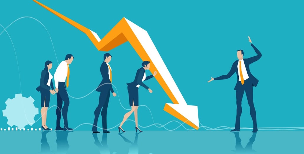 business-people-trying-to-lift-falling-arrow