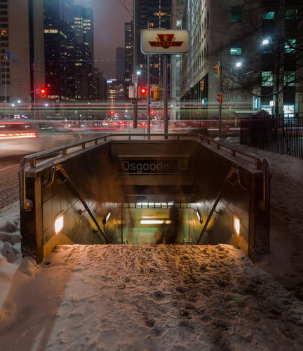 Toronto subway entrance in snow covered winter 
