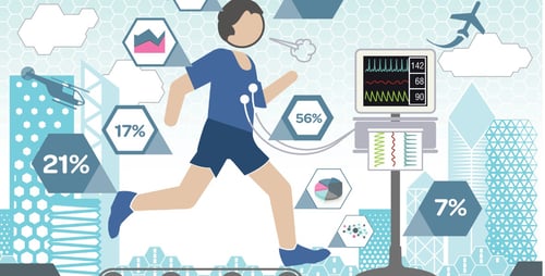 man on treadmill hooking to heart rate monitors rounded by metrics and city buildings 