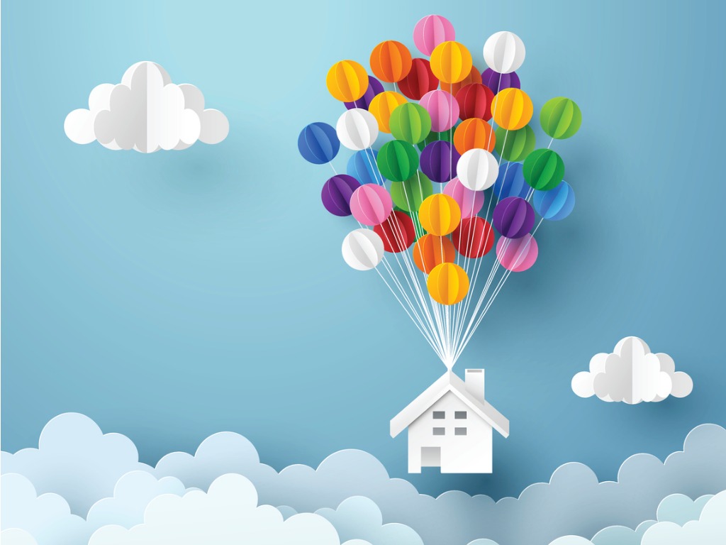 paper-art-of-house-hanging-with-colorful-balloon-vector-id637110064