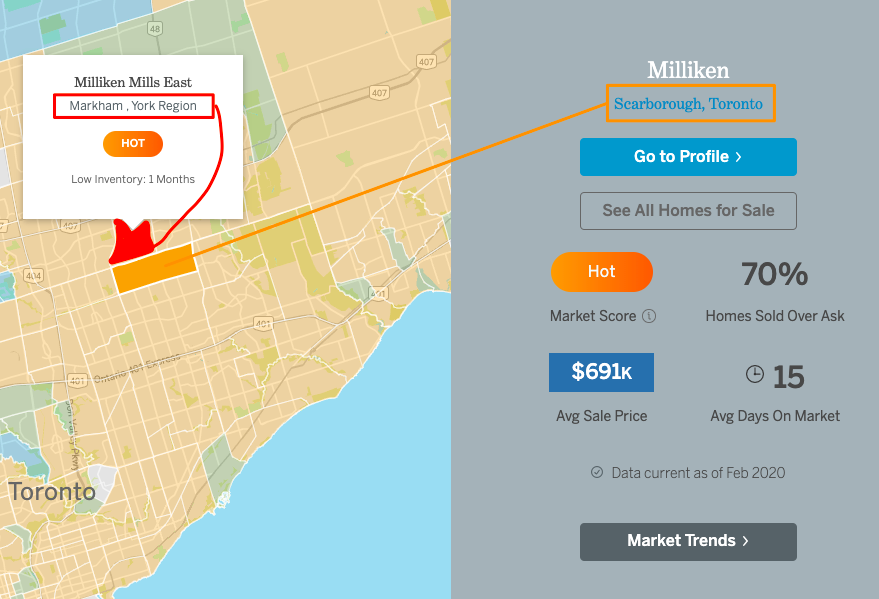 Realosophy.com Toronto and GTA neighbourhood map showing Milliken, Scarborough, Toronto 